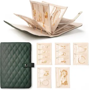 Travel Jewelry Organizer Case Jewelry Organizer Book with Transparent Velvet Zipper Pouches for Rings, Necklaces, Earrings, Gift for Women Christmas, Birthday, Travel Essentials，Army Green