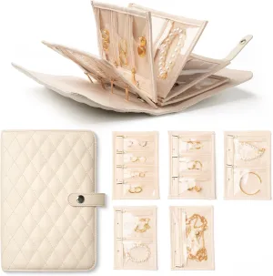 Travel Jewelry Organizer Case Jewelry Organizer Book with Transparent Velvet Zipper Pouches for Rings, Necklaces, Earrings, Gift for Women Christmas, Birthday, Travel Essentials，Cream White