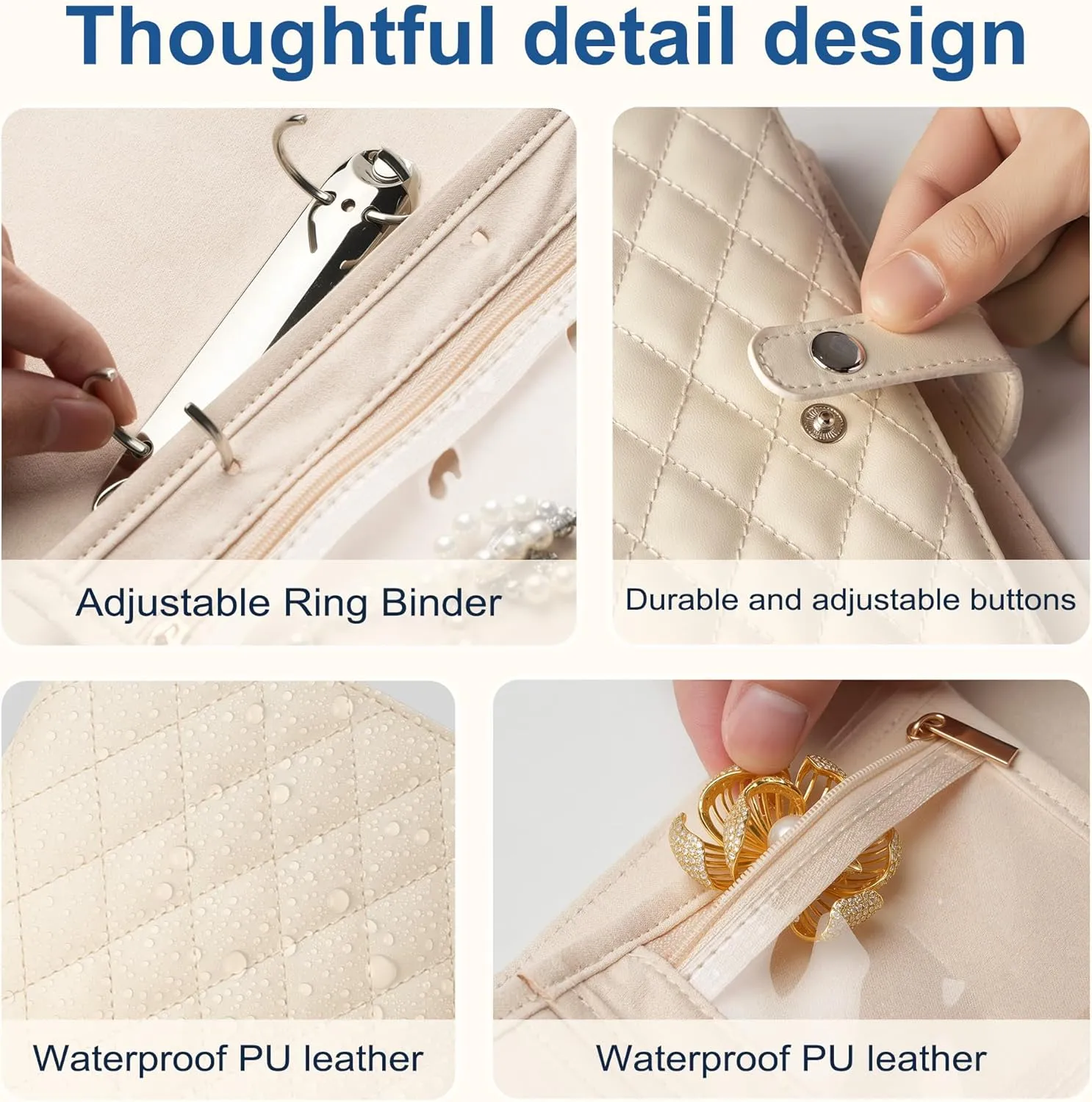 Travel Jewelry Organizer Case Jewelry Organizer Book with Transparent Velvet Zipper Pouches for Rings, Necklaces, Earrings, Gift for Women Christmas, Birthday, Travel Essentials，Cream White