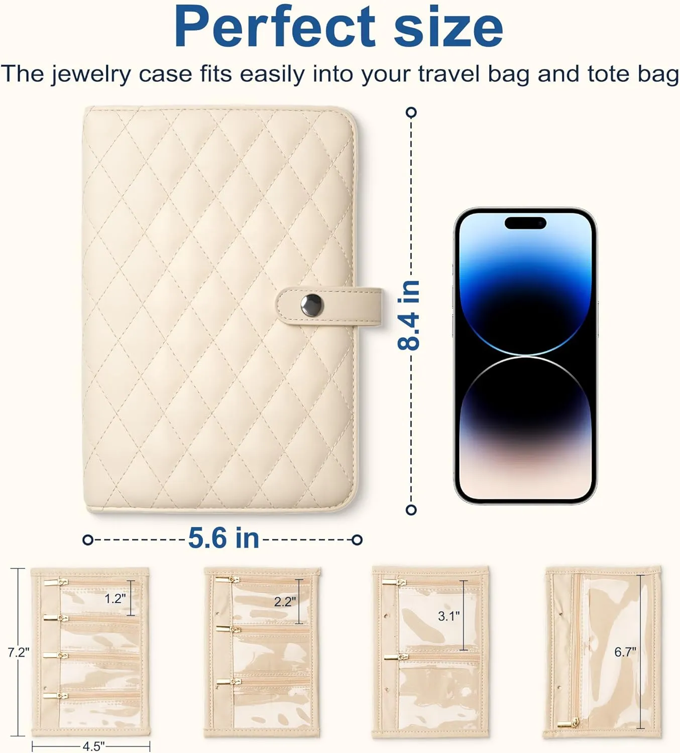 Travel Jewelry Organizer Case Jewelry Organizer Book with Transparent Velvet Zipper Pouches for Rings, Necklaces, Earrings, Gift for Women Christmas, Birthday, Travel Essentials，Cream White