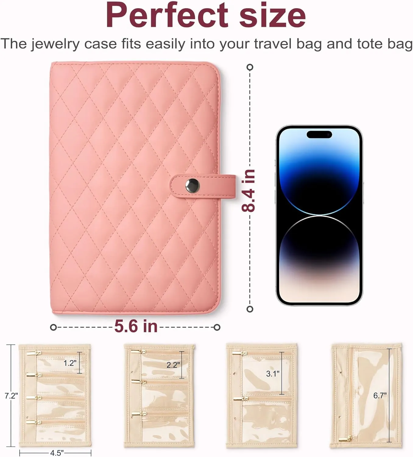 Travel Jewelry Organizer Case Jewelry Organizer Book with Transparent Velvet Zipper Pouches for Rings, Necklaces, Earrings, Gift for Women Christmas, Birthday, Travel Essentials，Pink