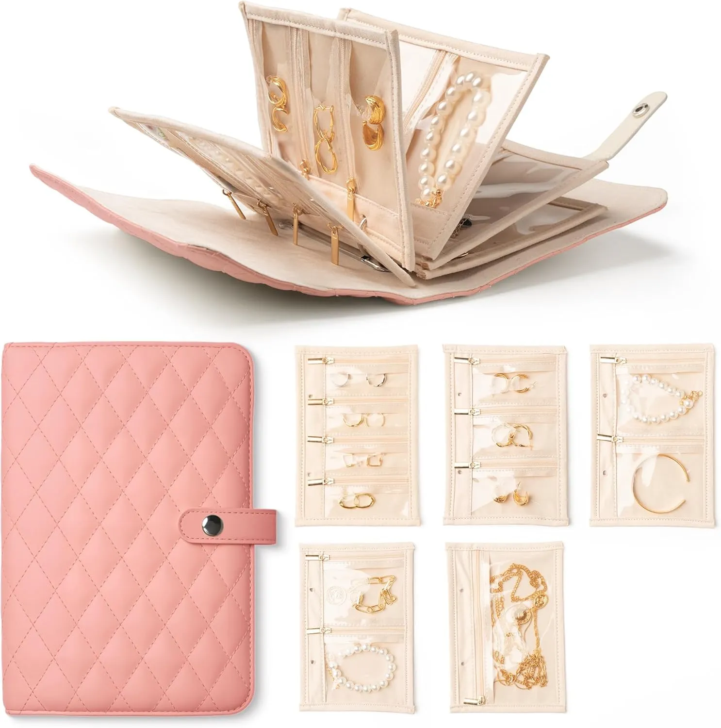 Travel Jewelry Organizer Case Jewelry Organizer Book with Transparent Velvet Zipper Pouches for Rings, Necklaces, Earrings, Gift for Women Christmas, Birthday, Travel Essentials，Pink