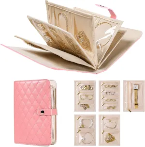 Travel Jewelry Organizer Case, Zipper Binder Jewelry Storage Book with Clear Velvet Pouches, Perfect Birthday Gifts for Women, Jewelry Box Bag for Earrings, Necklace, Ring, Pink