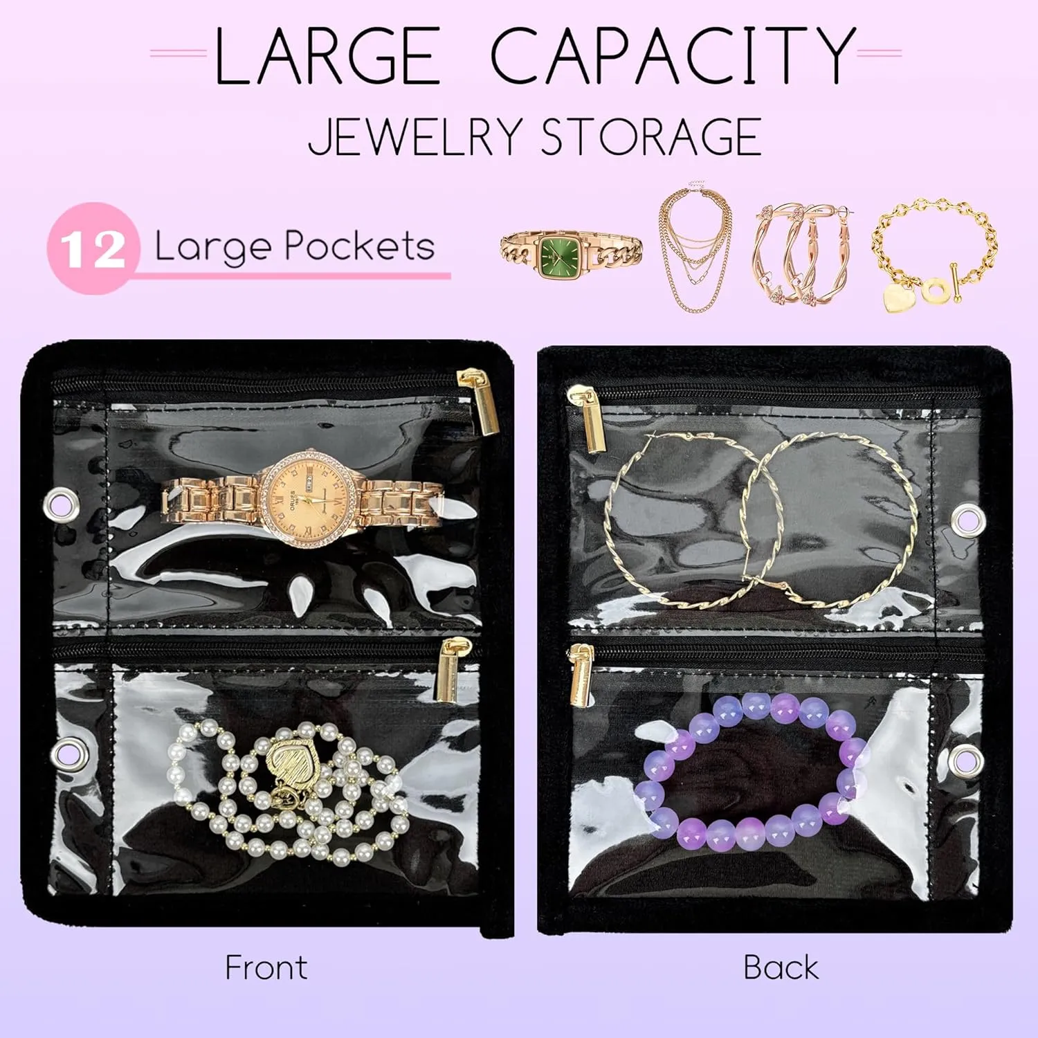 Travel Jewelry Organizer Case,Jewelry Bags for Traveling, Jewelry Binder with 24 Pcs Clear Zipper Velvet Pouches (Inner Pages, 3 PCS)