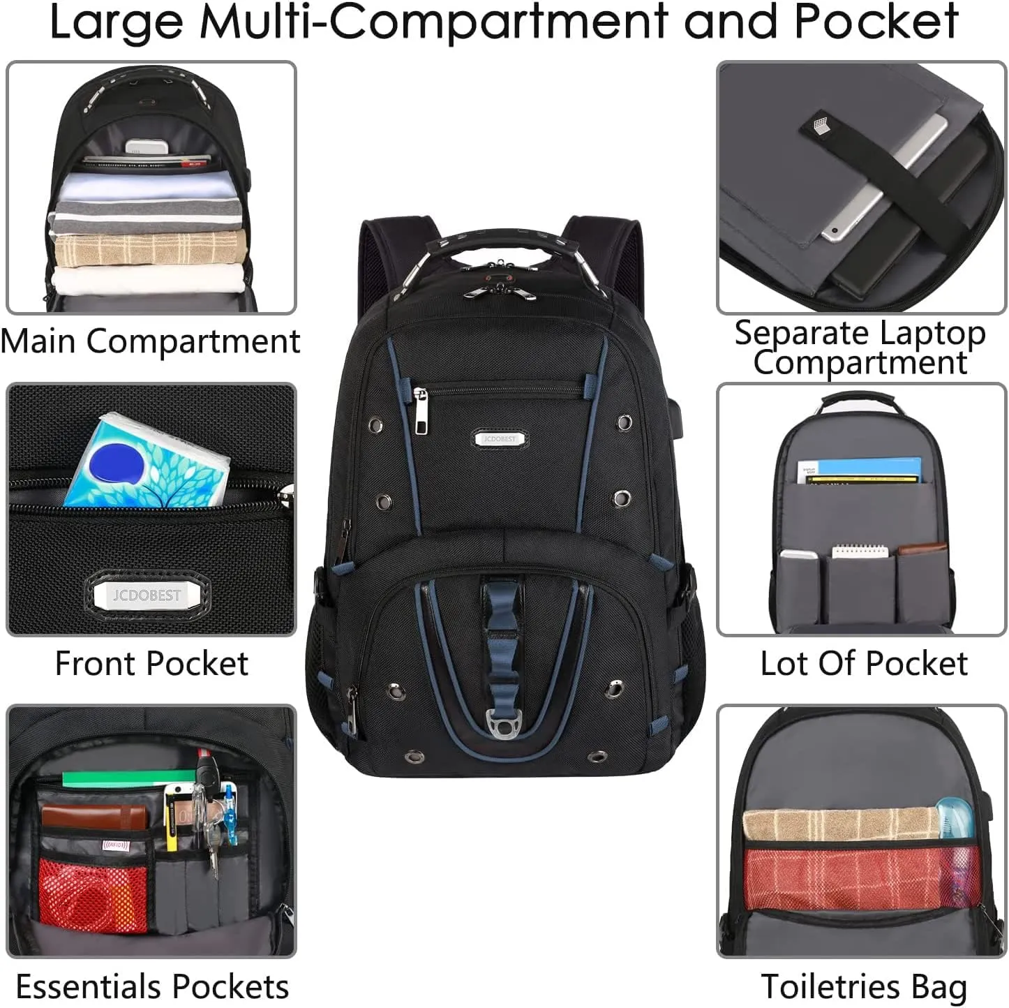 Travel Laptop Backpack, 17.3 Inch XL Heavy Duty Computer Backpack with RFID Pockets, TSA Friendly Extra Large College Daypack with USB Charging Port, Stylish Laptop Bag for Men/Women，Blue