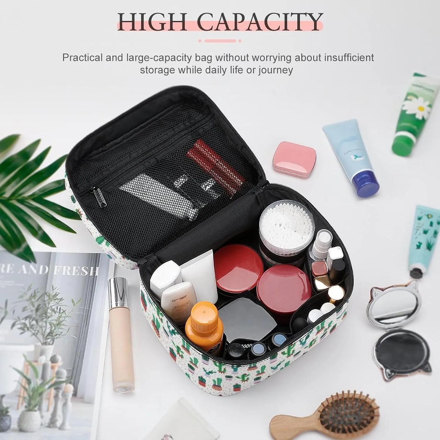 Travel Make Up Bag For Men Womens Cactus Plant Green Succulent Cosmetic Bags With Compartments Handle Wedding Party Large Capacity Waterproof Skincare Toiletry Makeup Box Organizer