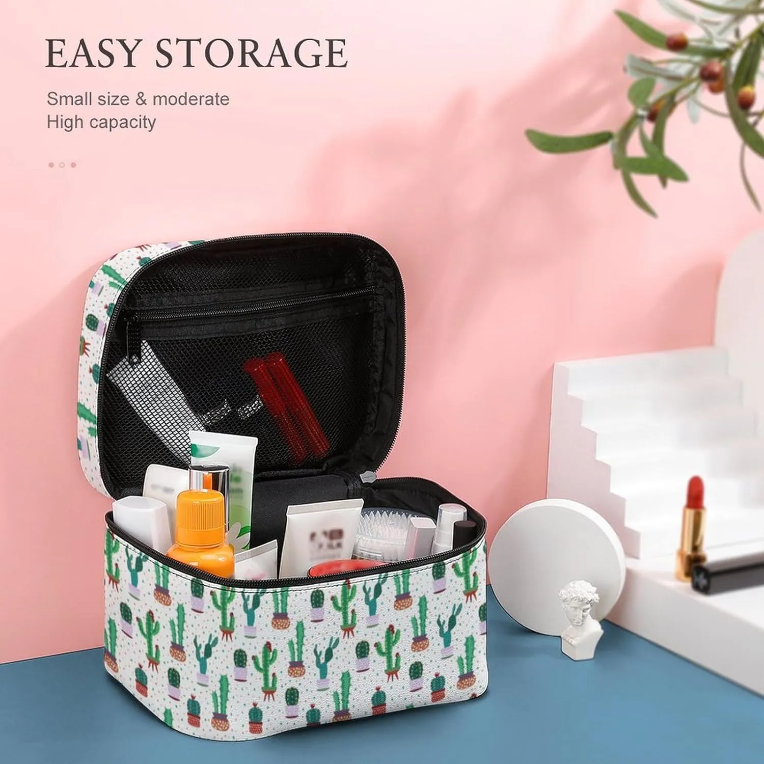 Travel Make Up Bag For Men Womens Cactus Plant Green Succulent Cosmetic Bags With Compartments Handle Wedding Party Large Capacity Waterproof Skincare Toiletry Makeup Box Organizer