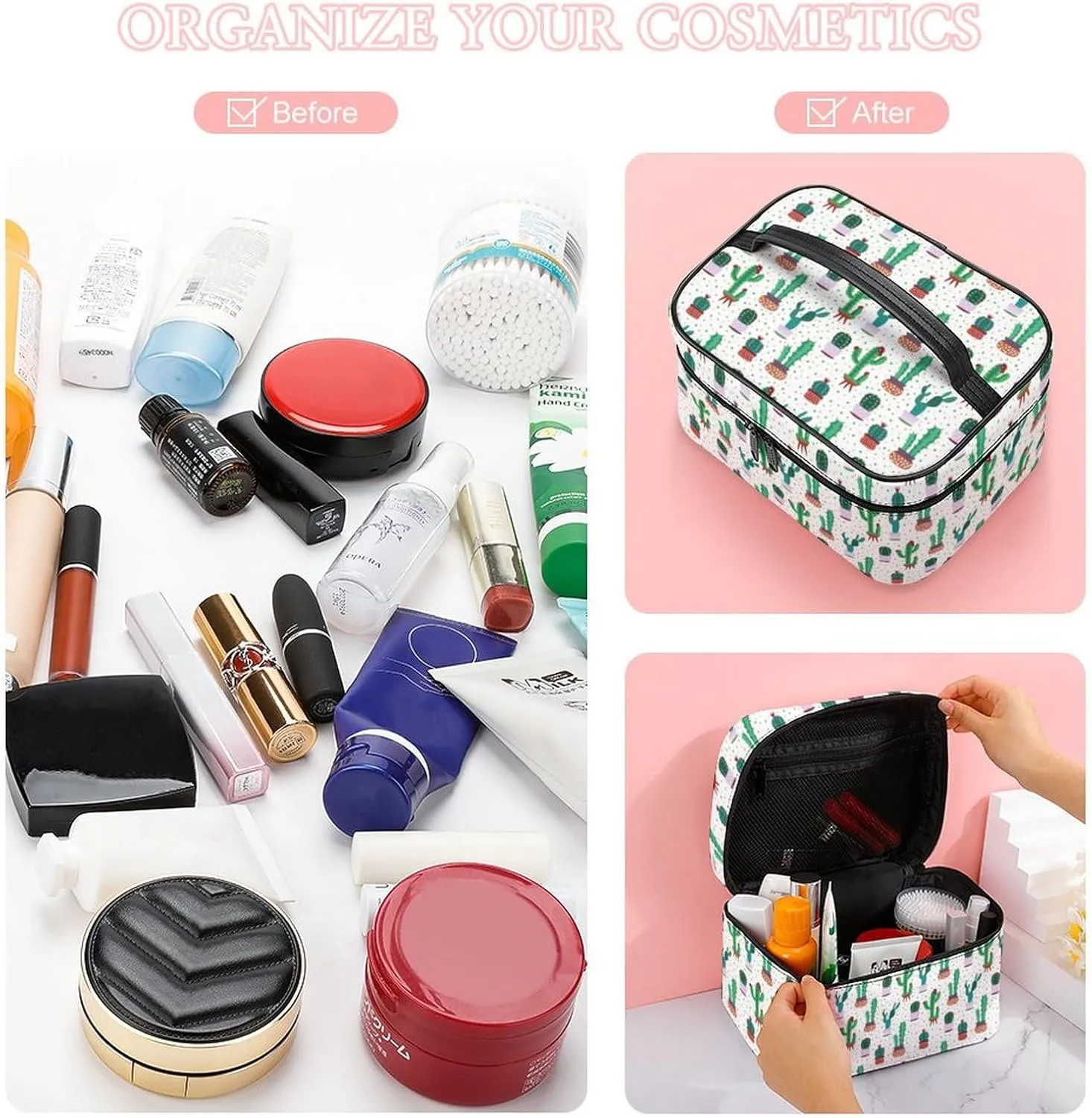 Travel Make Up Bag For Men Womens Cactus Plant Green Succulent Cosmetic Bags With Compartments Handle Wedding Party Large Capacity Waterproof Skincare Toiletry Makeup Box Organizer