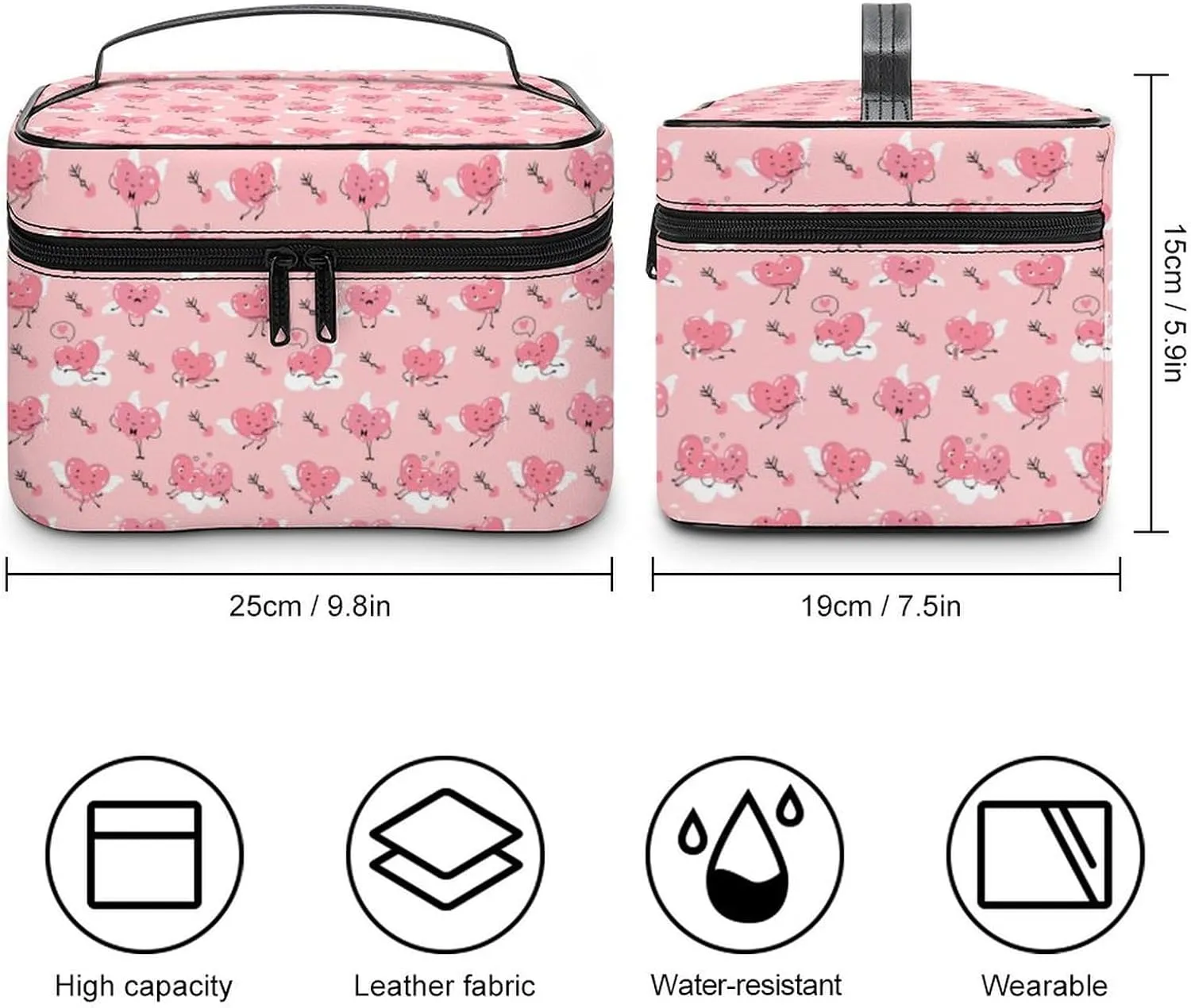 Travel Make Up Bag For Men Womens Cartoon Cute Love & Hearts Cosmetic Bags With Compartments Handle Wedding Party Large Capacity Waterproof Skincare Toiletry Makeup Box Organizer