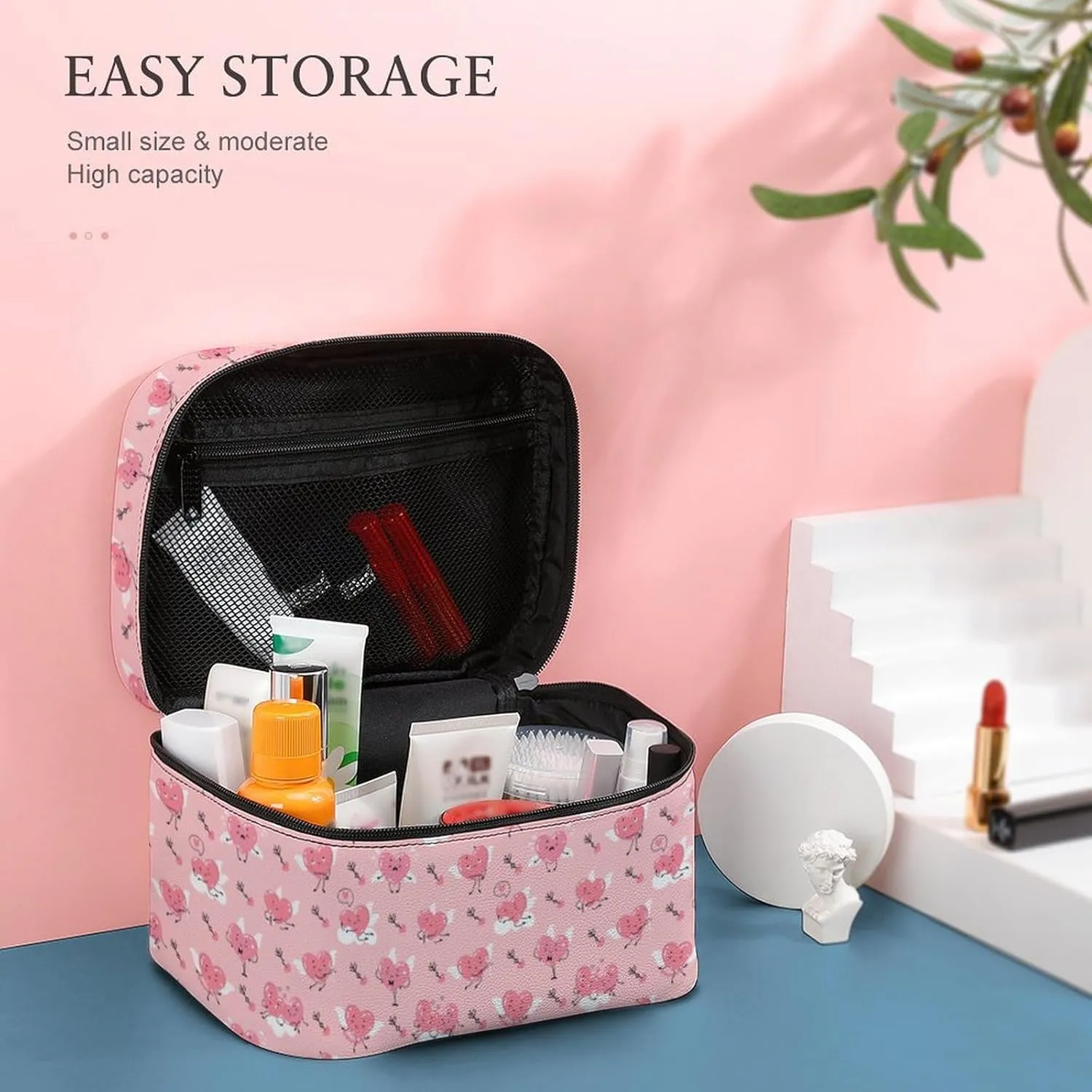 Travel Make Up Bag For Men Womens Cartoon Cute Love & Hearts Cosmetic Bags With Compartments Handle Wedding Party Large Capacity Waterproof Skincare Toiletry Makeup Box Organizer