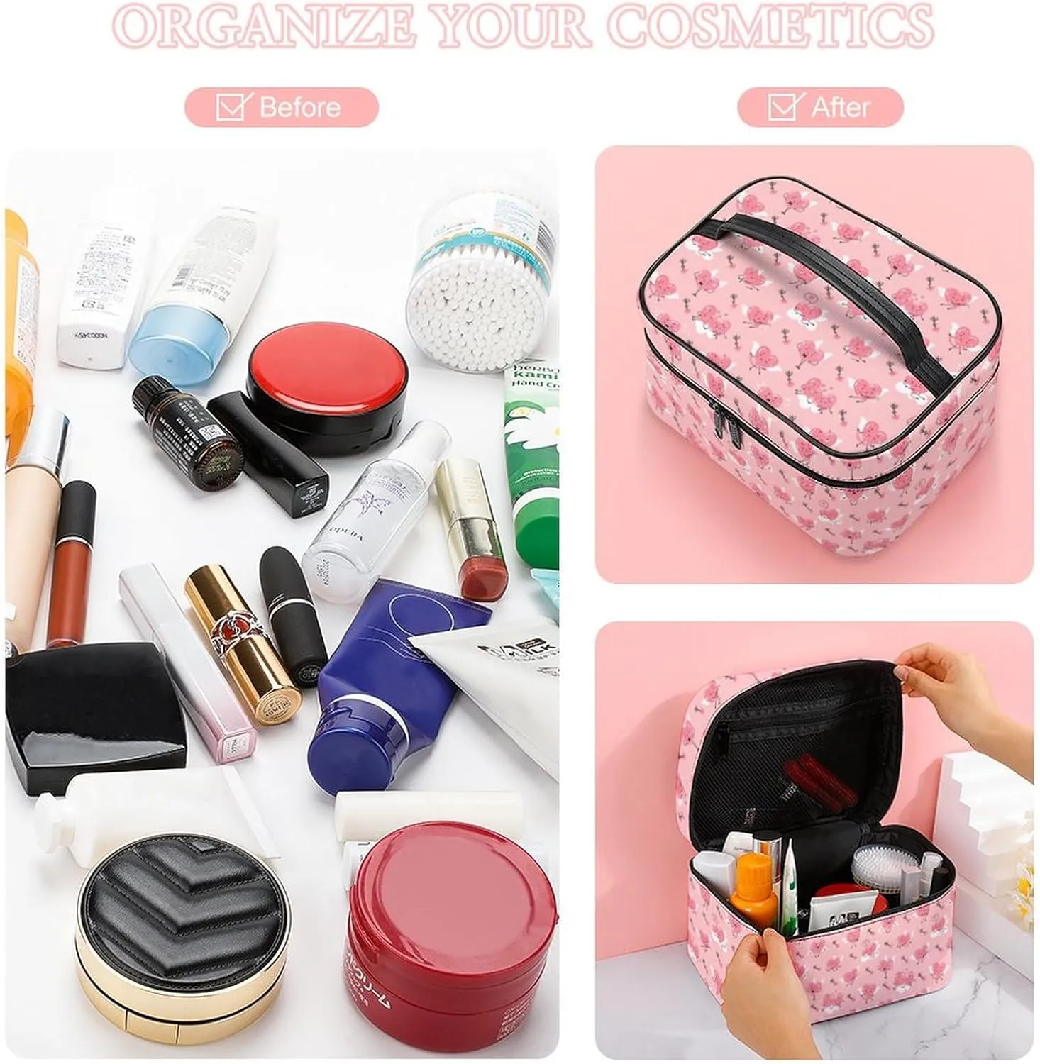 Travel Make Up Bag For Men Womens Cartoon Cute Love & Hearts Cosmetic Bags With Compartments Handle Wedding Party Large Capacity Waterproof Skincare Toiletry Makeup Box Organizer