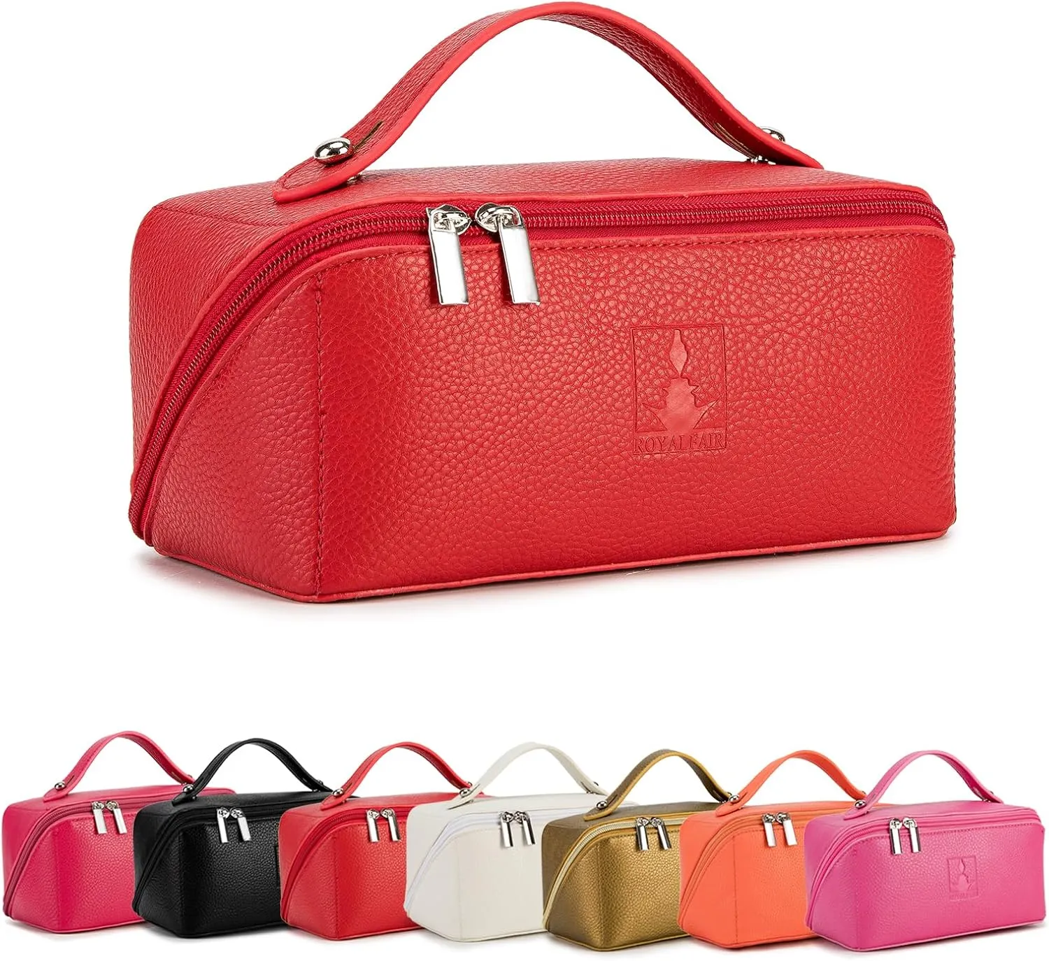 Travel Makeup Bag,Large Capacity Cosmetic Bags for Women, PU Leather Waterproof Portable Pouch Open Flat Toiletry Bag Make up Organizer with Divider and Handle (red)