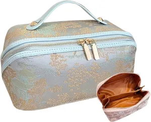 Travel Makeup Bag,Open Flat Toiletry Bag Make Up Organizer With Divider And Handle For Women(B)