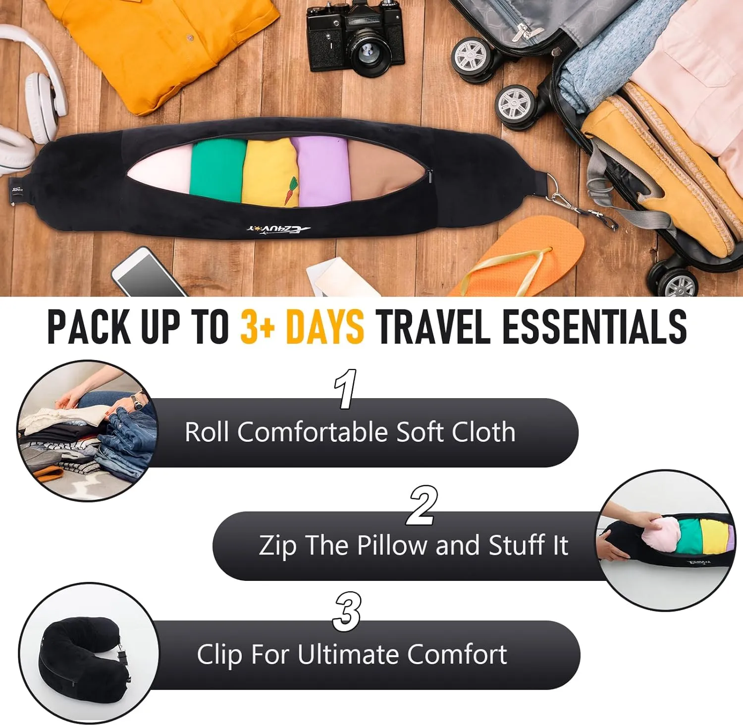 Travel Neck Pillow Stuffable with Clothes, Stuffable Neck Pillow for Travel, Packable Fillable Storage Bag for Airplane Travel, Soft Velvet Neck Pillow Case Cover