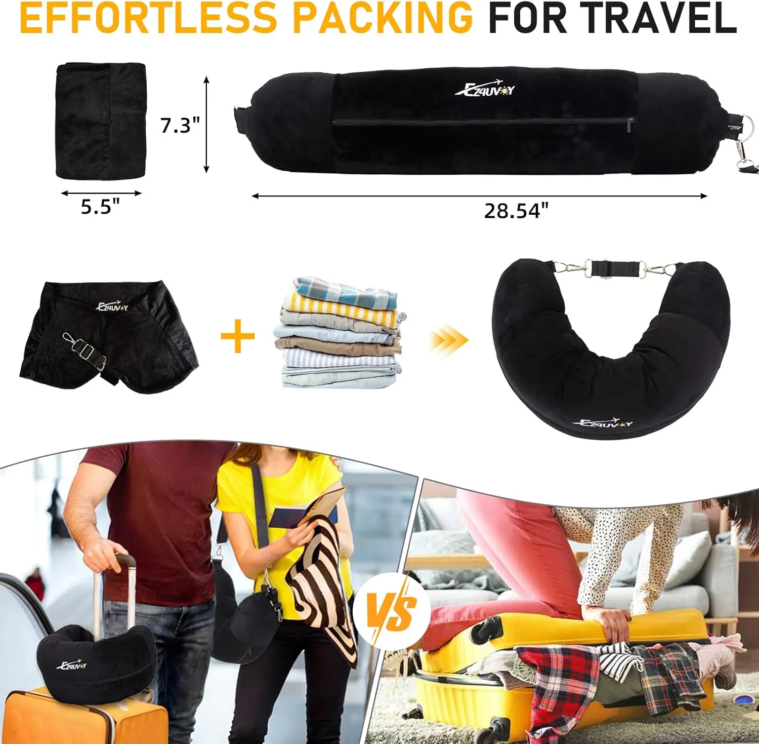 Travel Neck Pillow Stuffable with Clothes, Stuffable Neck Pillow for Travel, Packable Fillable Storage Bag for Airplane Travel, Soft Velvet Neck Pillow Case Cover