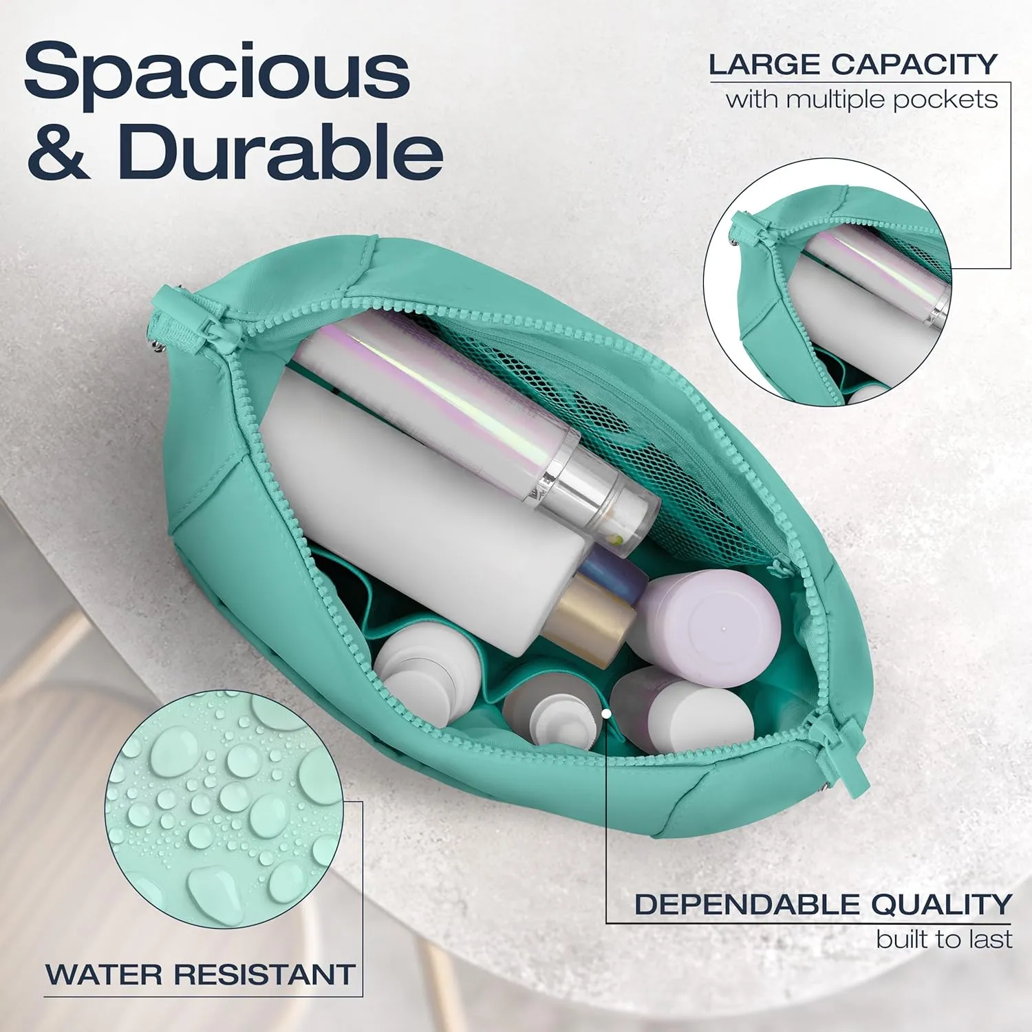 Travel Toiletry Bag, Large Capacity with Side Clips for Adjustable Sizing, Premium Nylon, Water Resistant, Cosmetic Bag, Stylish, Full-Size Bottles, Makeup Bag, Unisex (Aqua)