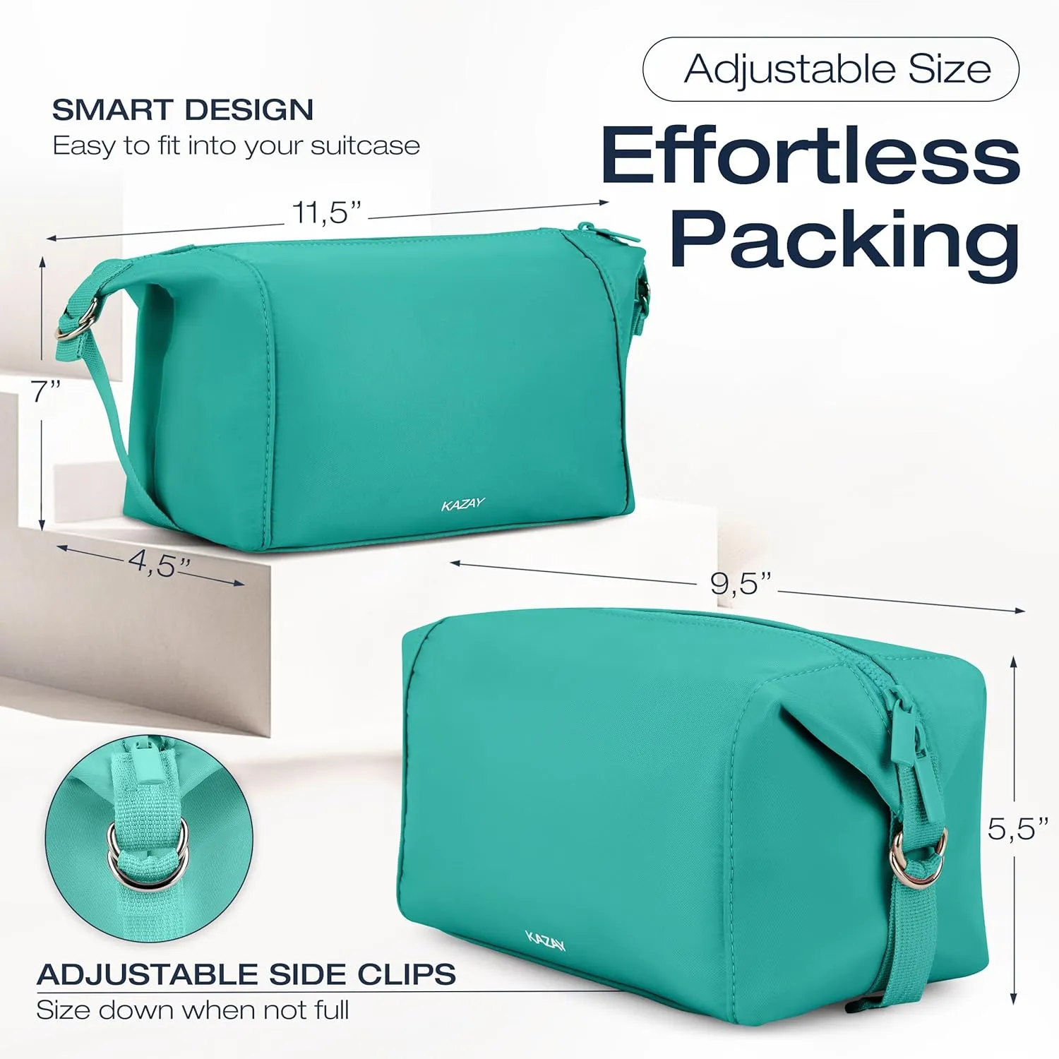 Travel Toiletry Bag, Large Capacity with Side Clips for Adjustable Sizing, Premium Nylon, Water Resistant, Cosmetic Bag, Stylish, Full-Size Bottles, Makeup Bag, Unisex (Aqua)