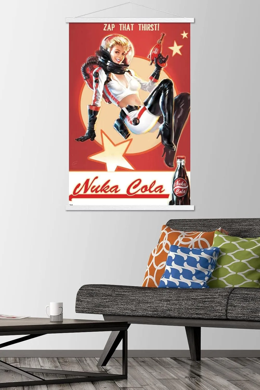 Trends International Fallout 4 - Nuka Cola - Zap That Thirst! Wall Poster with Magnetic Frame, 22.37" x 34.00", Print and White Hanger Bundle