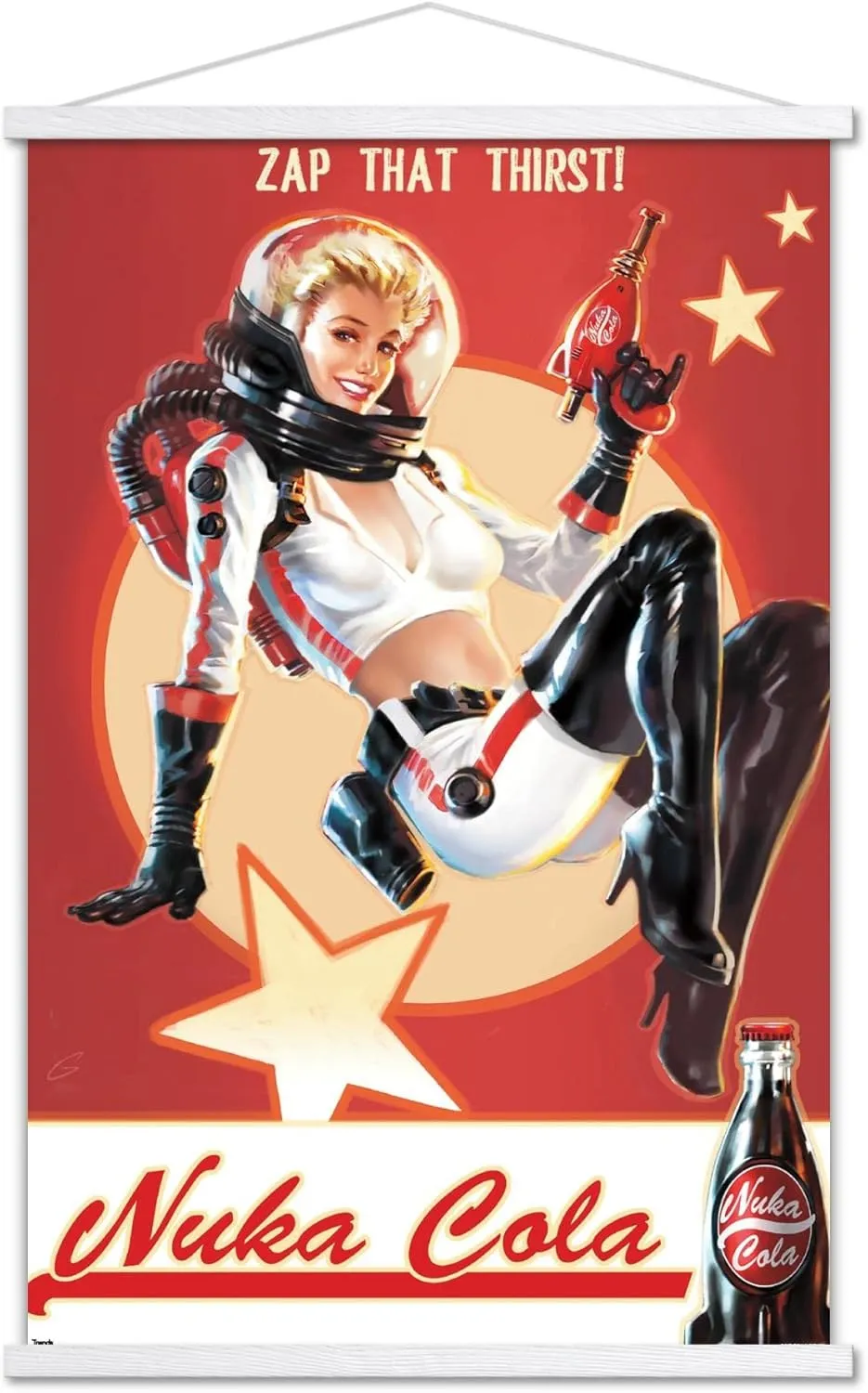 Trends International Fallout 4 - Nuka Cola - Zap That Thirst! Wall Poster with Magnetic Frame, 22.37" x 34.00", Print and White Hanger Bundle
