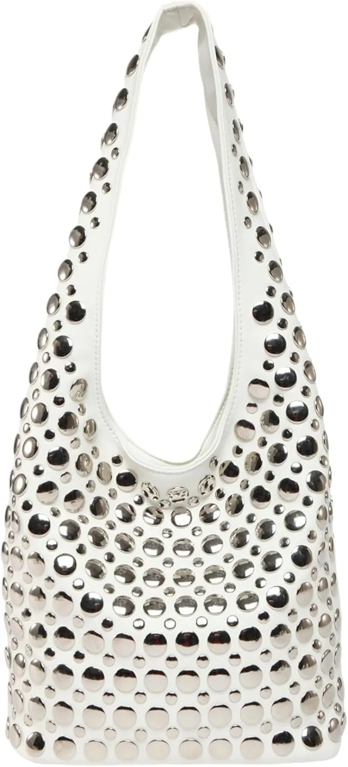 Trendy Punk Studded Shoulder Bag Vegan Leather Bucket Hobo Handbag for Women Y2K Fashion Tote Purse