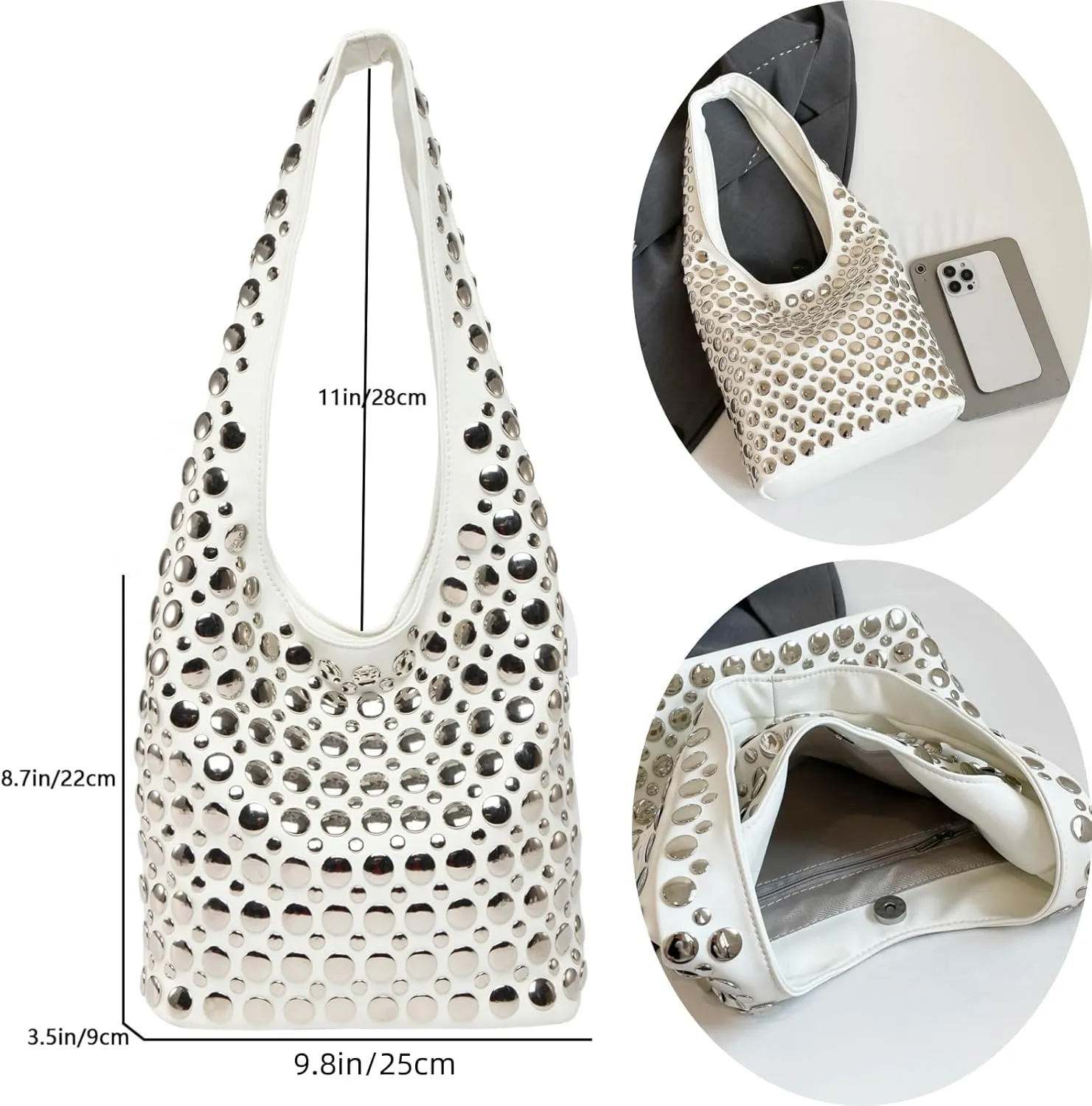 Trendy Punk Studded Shoulder Bag Vegan Leather Bucket Hobo Handbag for Women Y2K Fashion Tote Purse