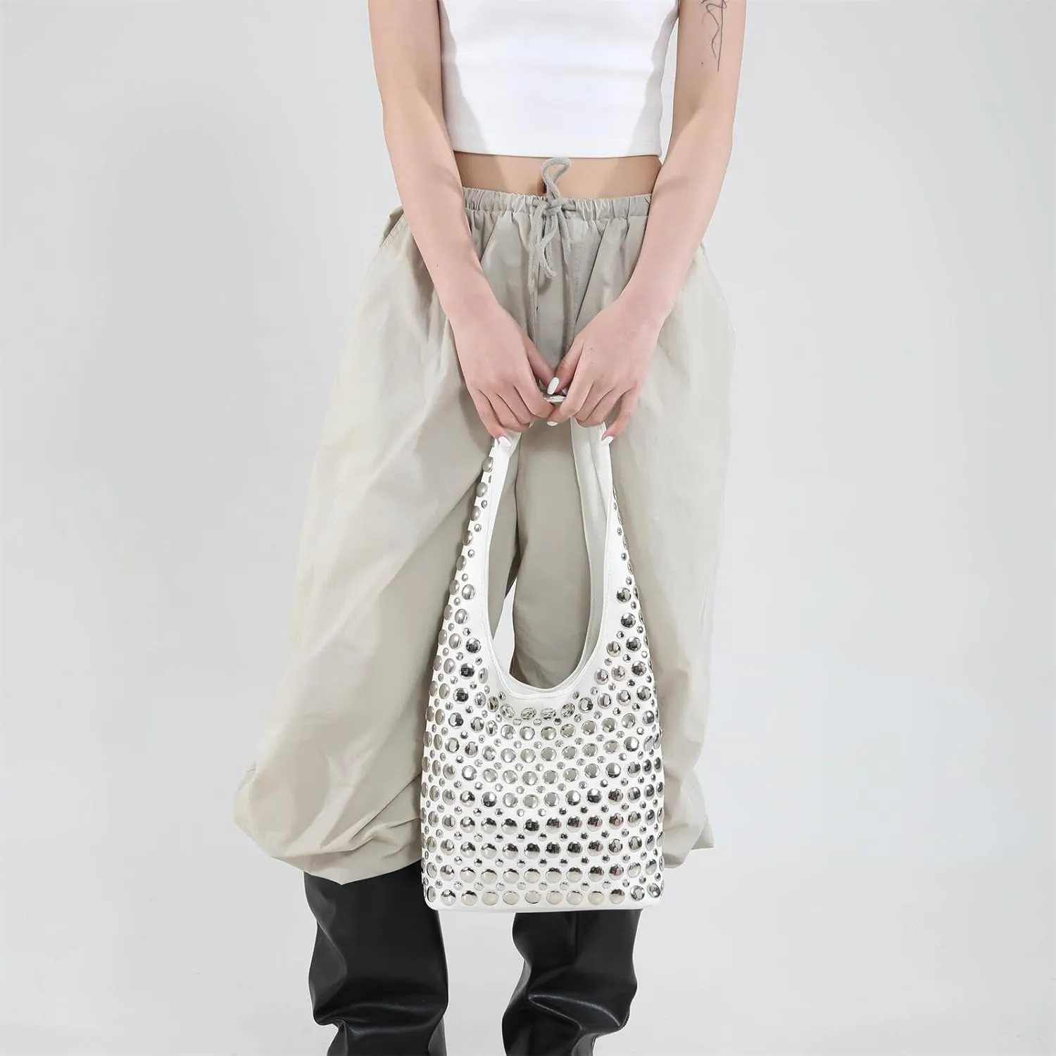 Trendy Punk Studded Shoulder Bag Vegan Leather Bucket Hobo Handbag for Women Y2K Fashion Tote Purse