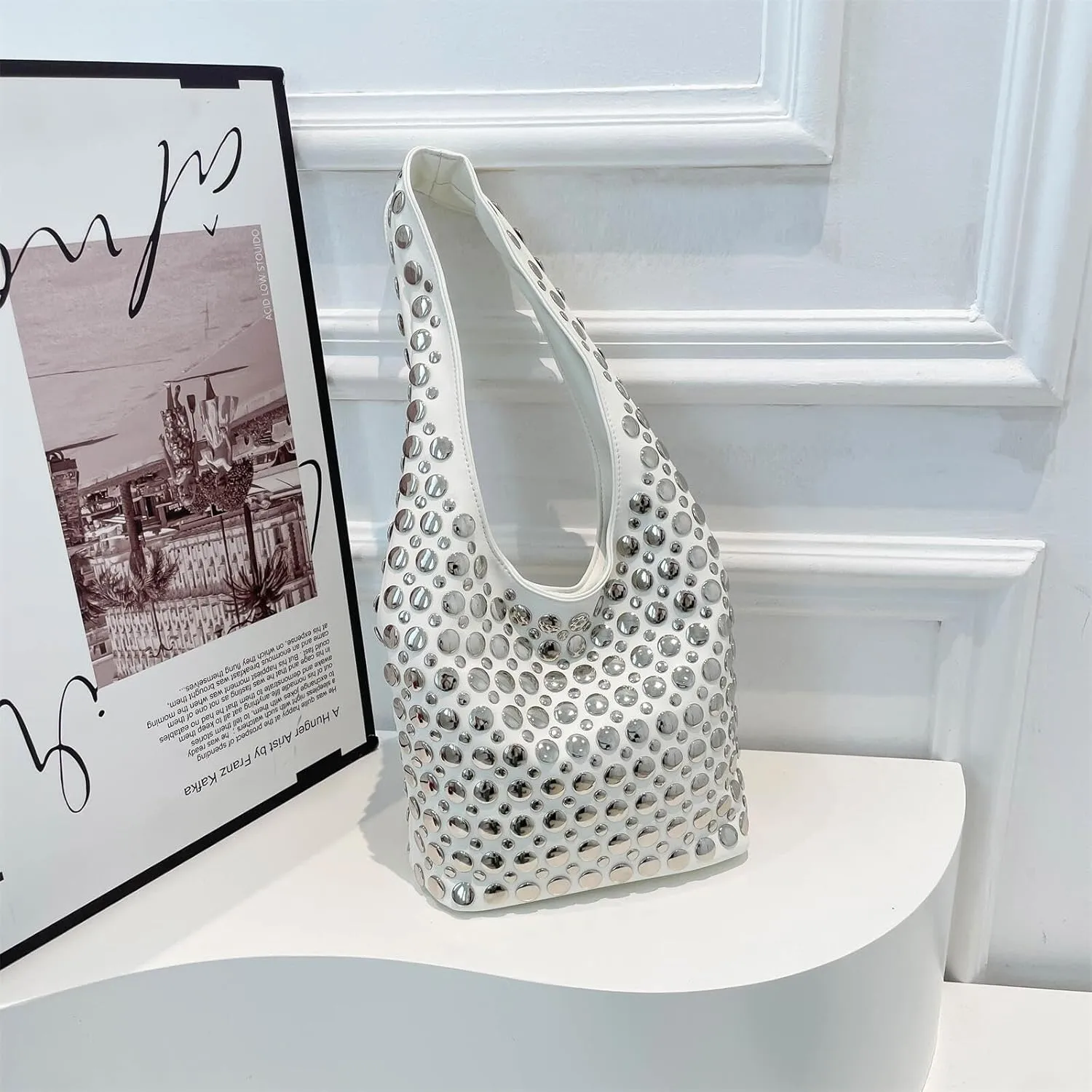 Trendy Punk Studded Shoulder Bag Vegan Leather Bucket Hobo Handbag for Women Y2K Fashion Tote Purse