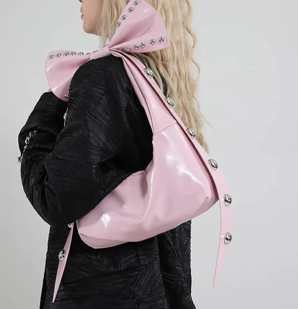 Trendy Studded Purses Y2K Bow Shoulder Bag Tote Bag Purse for Women Bow Knot Clutch Purse Hobo Handbag Purse 2025