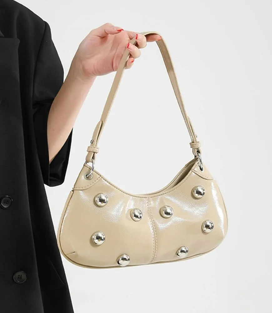 Trendy Studded Shoulder Bag For Women Vegan Leather Underarm Purse Y2K Womens Crescent Bag Designer Punk Purse with Rivets