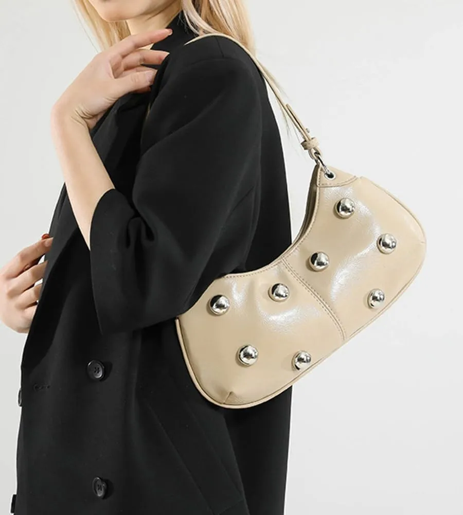 Trendy Studded Shoulder Bag For Women Vegan Leather Underarm Purse Y2K Womens Crescent Bag Designer Punk Purse with Rivets