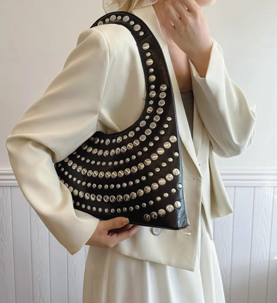 Trendy Studded Shoulder Bag For Women Vegan Leather Underarm Purse Y2K Womens Tote Bag For Work Punk Purse Travel 2025