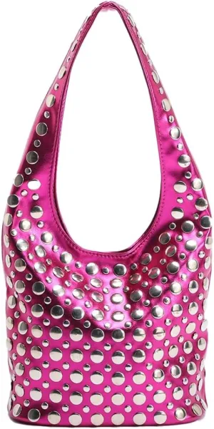 Trendy Studded Shoulder Bag Vegan Leather Tote Bag For Women Y2K Hobo Handbag Womens Bucket Bag Casual Punk Purse Streetwear