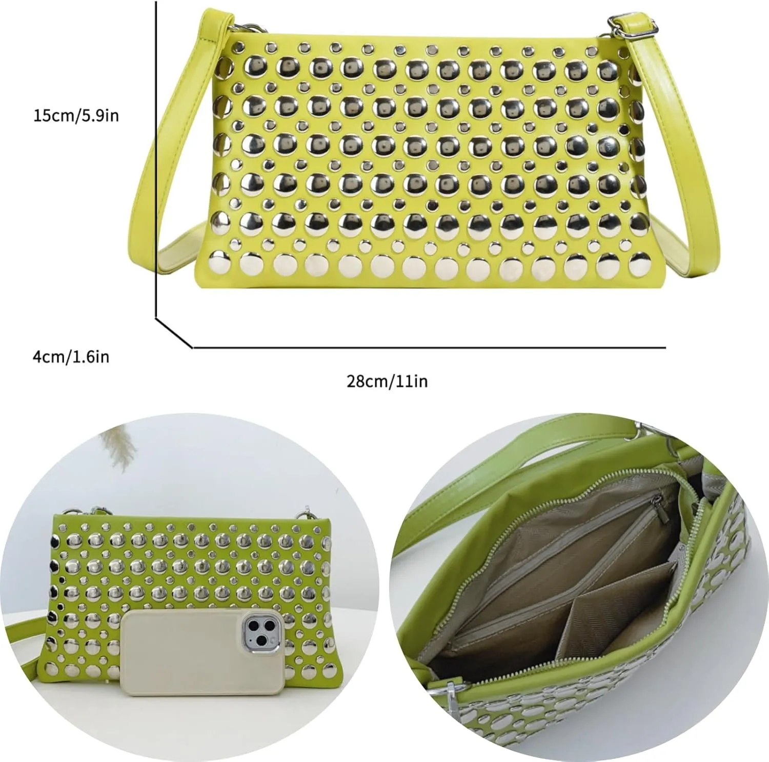 Trendy Studded Shoulder Crossbody Bag for Women Vegan Leather Satchel Handbag Rivets Tote Purse
