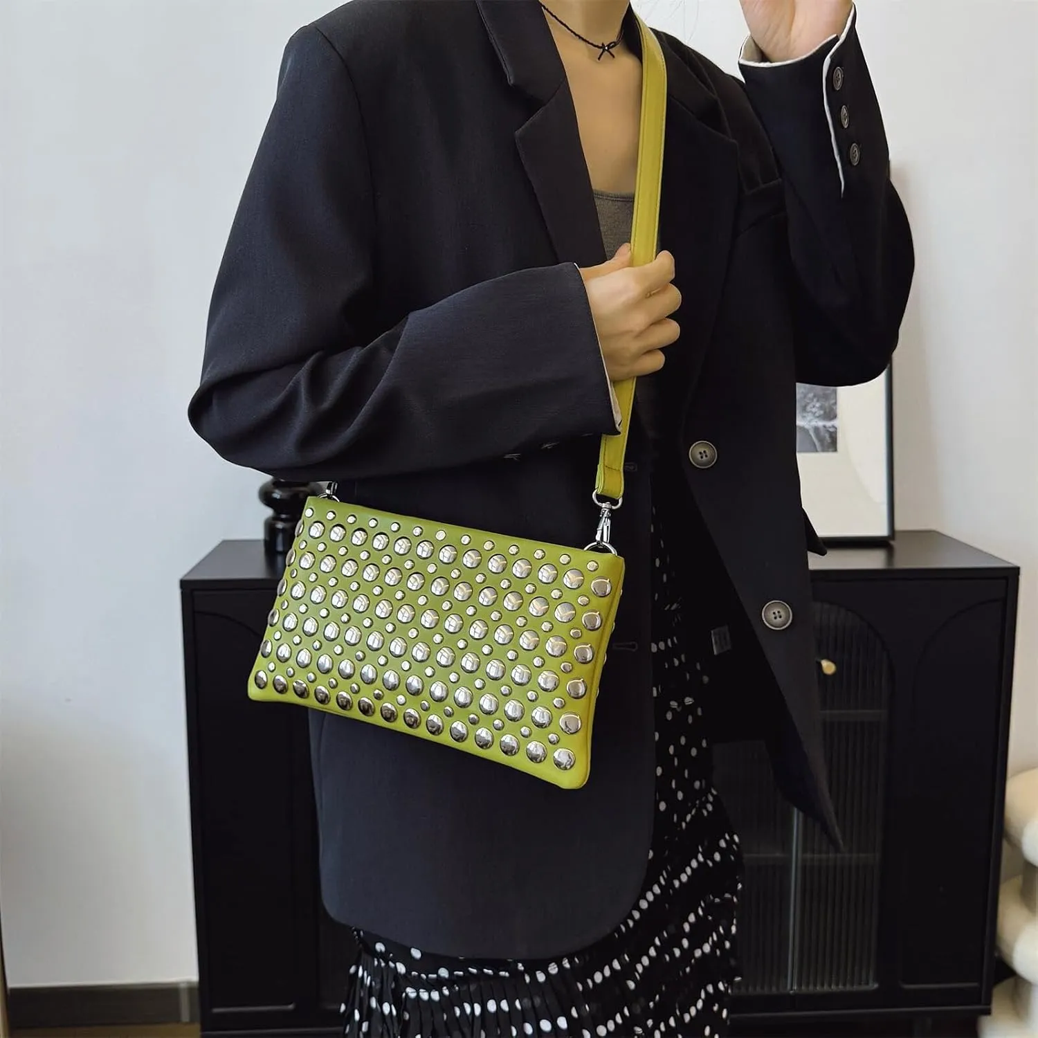 Trendy Studded Shoulder Crossbody Bag for Women Vegan Leather Satchel Handbag Rivets Tote Purse