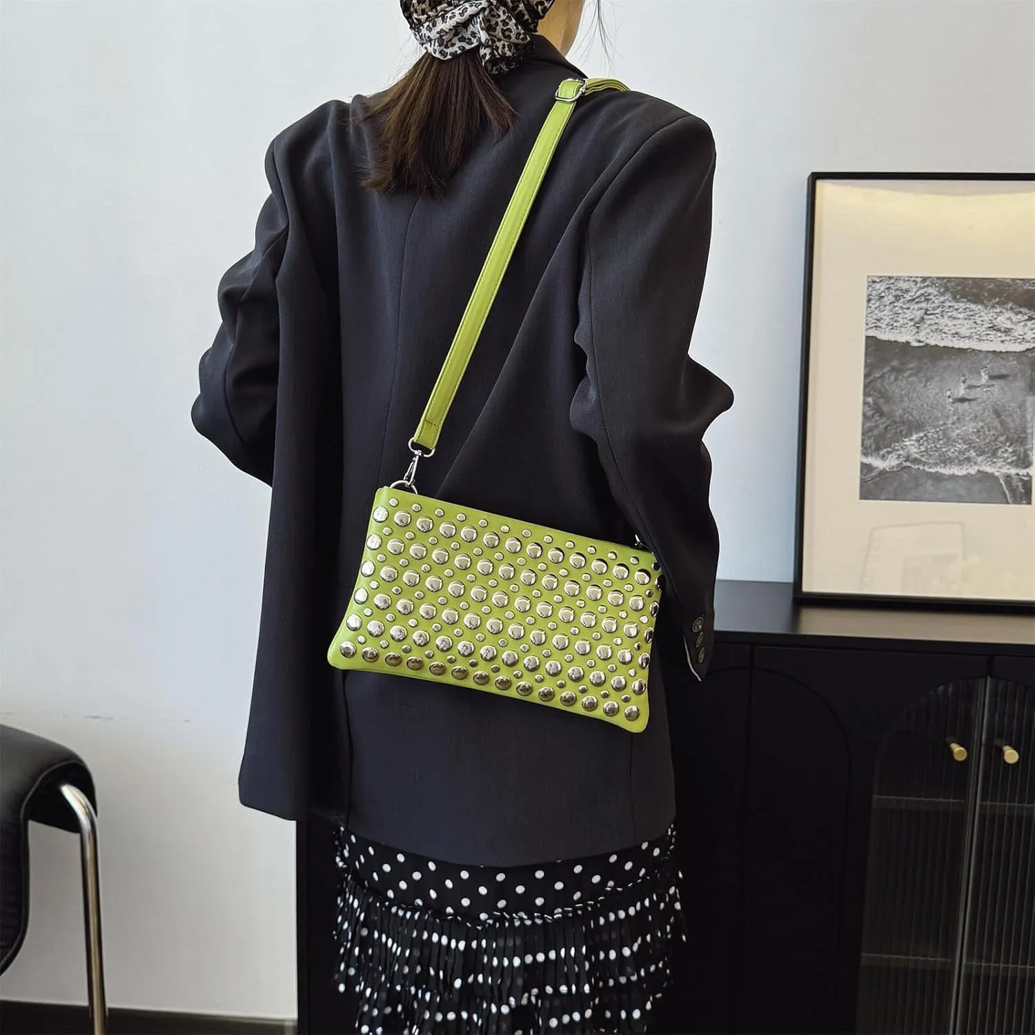 Trendy Studded Shoulder Crossbody Bag for Women Vegan Leather Satchel Handbag Rivets Tote Purse
