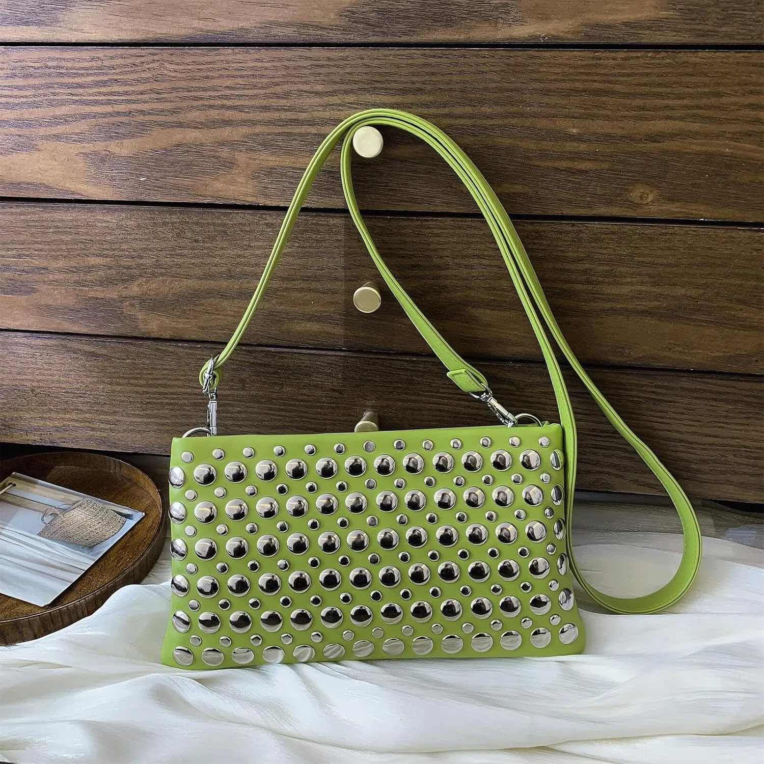 Trendy Studded Shoulder Crossbody Bag for Women Vegan Leather Satchel Handbag Rivets Tote Purse
