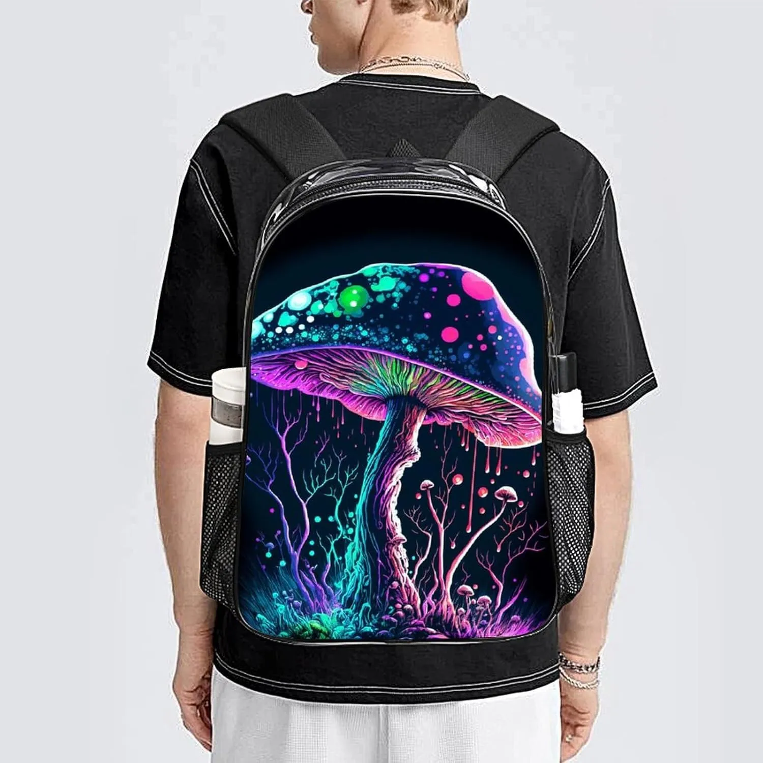 Trippy Mushroom Art Daypack Lightweight Multipurpose Anti-Theft Shoulder Bag Large Capacity Laptop Book Bag Rucksack Transparent Bag