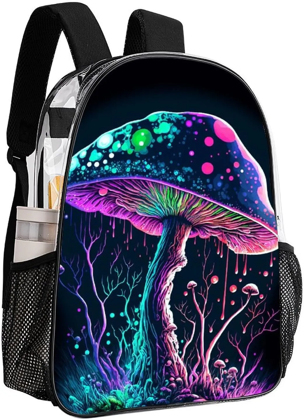 Trippy Mushroom Art Daypack Lightweight Multipurpose Anti-Theft Shoulder Bag Large Capacity Laptop Book Bag Rucksack Transparent Bag