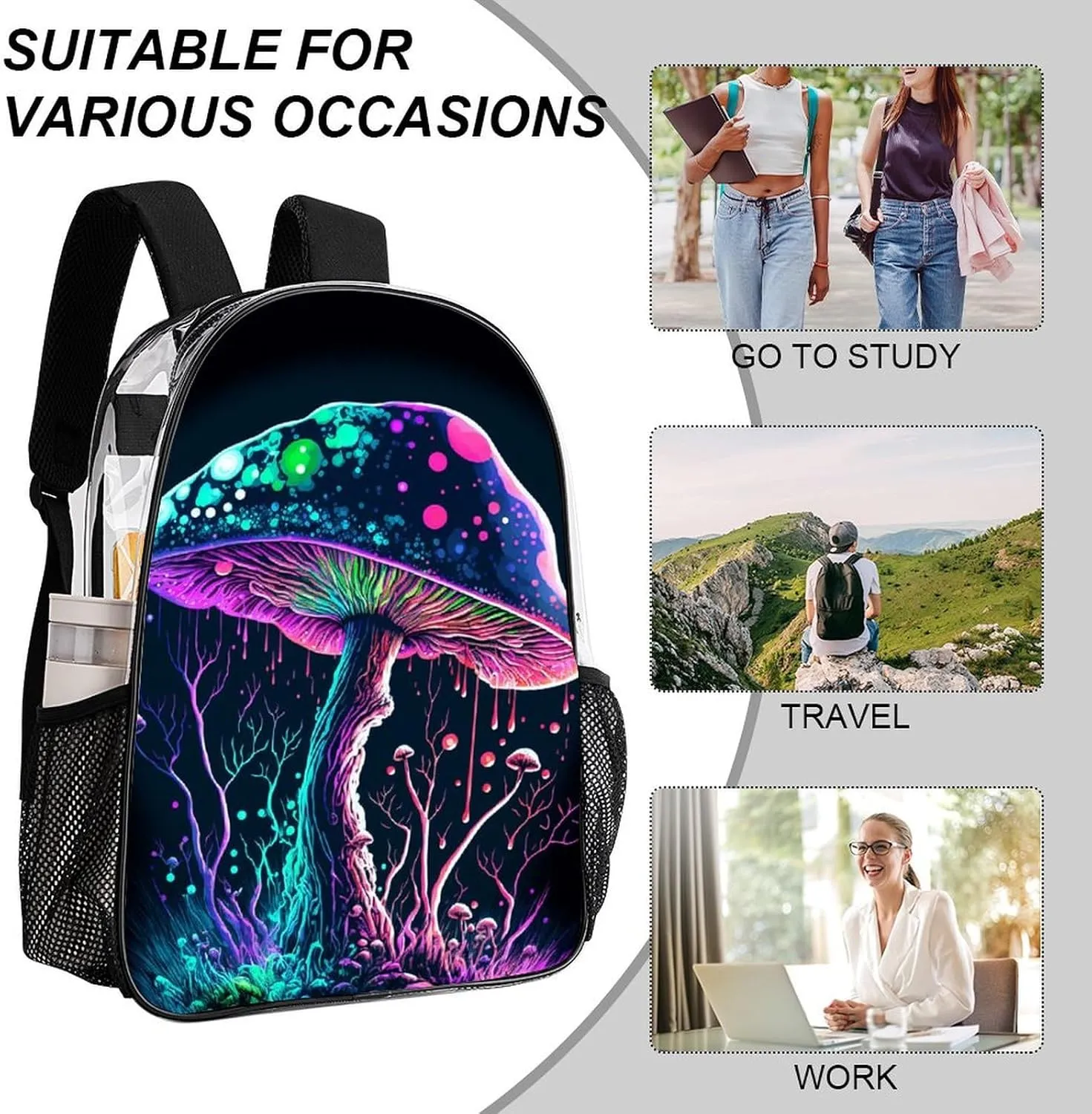 Trippy Mushroom Art Daypack Lightweight Multipurpose Anti-Theft Shoulder Bag Large Capacity Laptop Book Bag Rucksack Transparent Bag