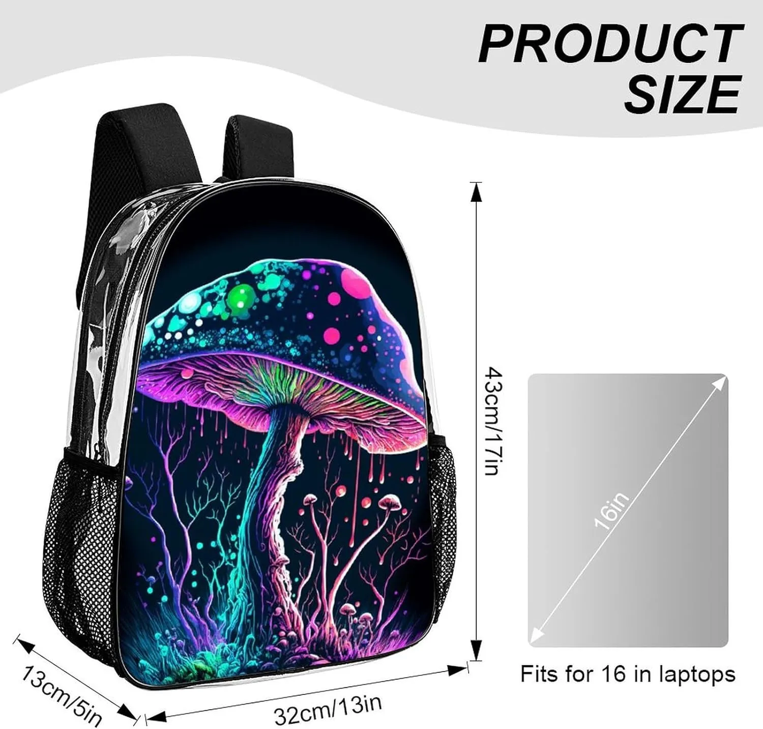 Trippy Mushroom Art Daypack Lightweight Multipurpose Anti-Theft Shoulder Bag Large Capacity Laptop Book Bag Rucksack Transparent Bag