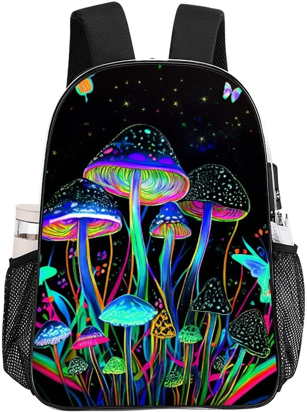 Trippy Mushroom Butterflies Glowing Psychedelic Art Backpack Lightweight Anti-Theft Multipurpose Shoulder Bag Large Capacity Travel Hiking Backpack Transparent Bag