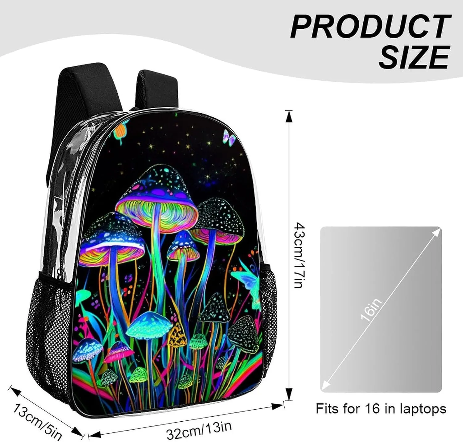Trippy Mushroom Butterflies Glowing Psychedelic Art Backpack Lightweight Anti-Theft Multipurpose Shoulder Bag Large Capacity Travel Hiking Backpack Transparent Bag