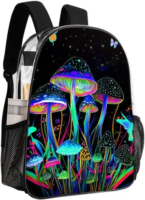 Trippy Mushroom Butterflies Glowing Psychedelic Art Backpack Lightweight Anti-Theft Multipurpose Shoulder Bag Large Capacity Travel Hiking Backpack Transparent Bag