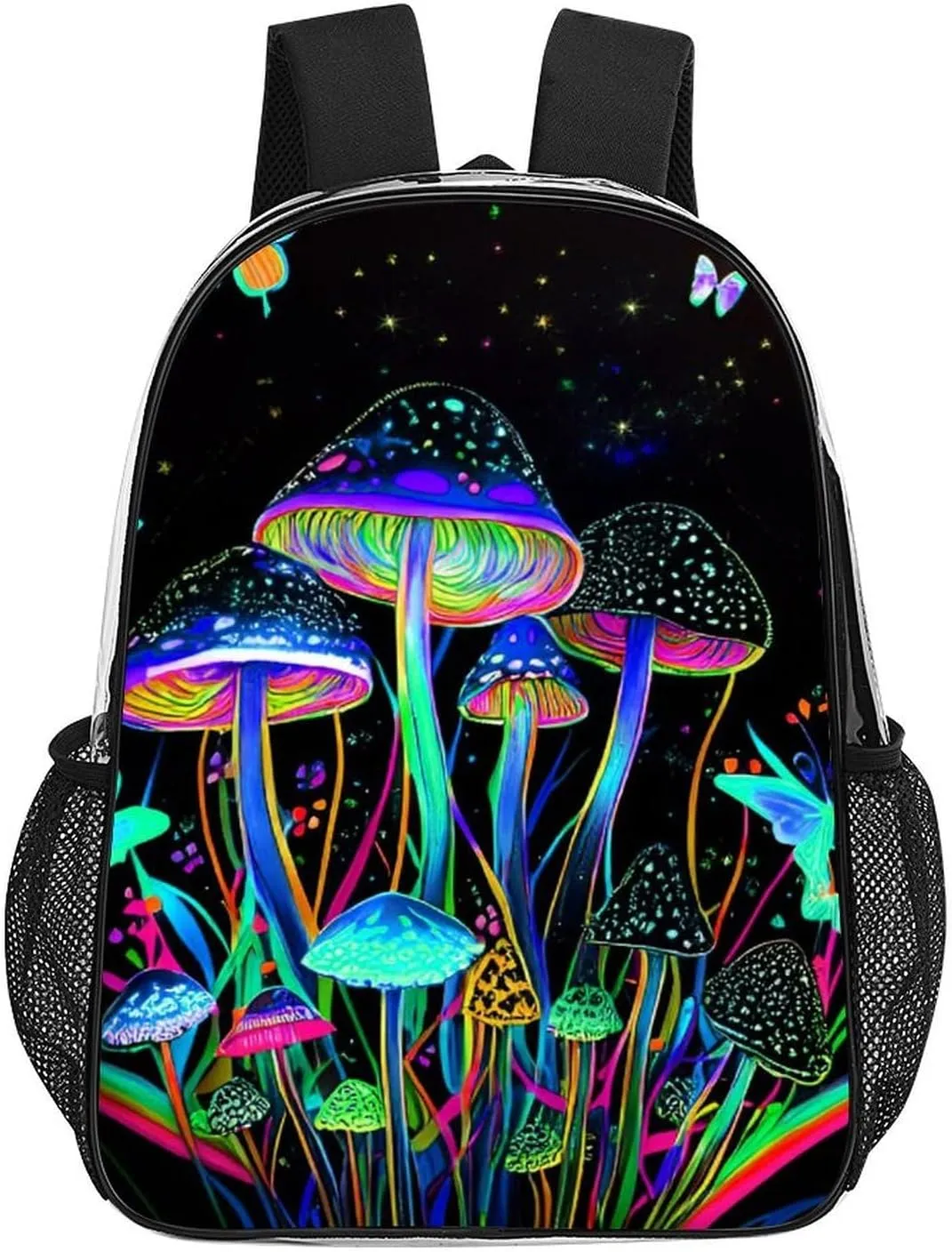 Trippy Mushroom Butterflies Glowing Psychedelic Art Backpack Lightweight Anti-Theft Multipurpose Shoulder Bag Large Capacity Travel Hiking Backpack Transparent Bag