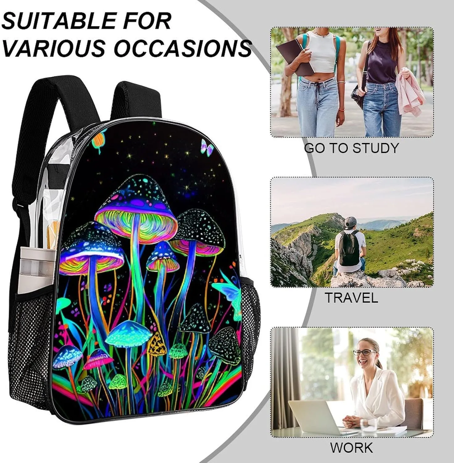 Trippy Mushroom Butterflies Glowing Psychedelic Art Backpack Lightweight Anti-Theft Multipurpose Shoulder Bag Large Capacity Travel Hiking Backpack Transparent Bag