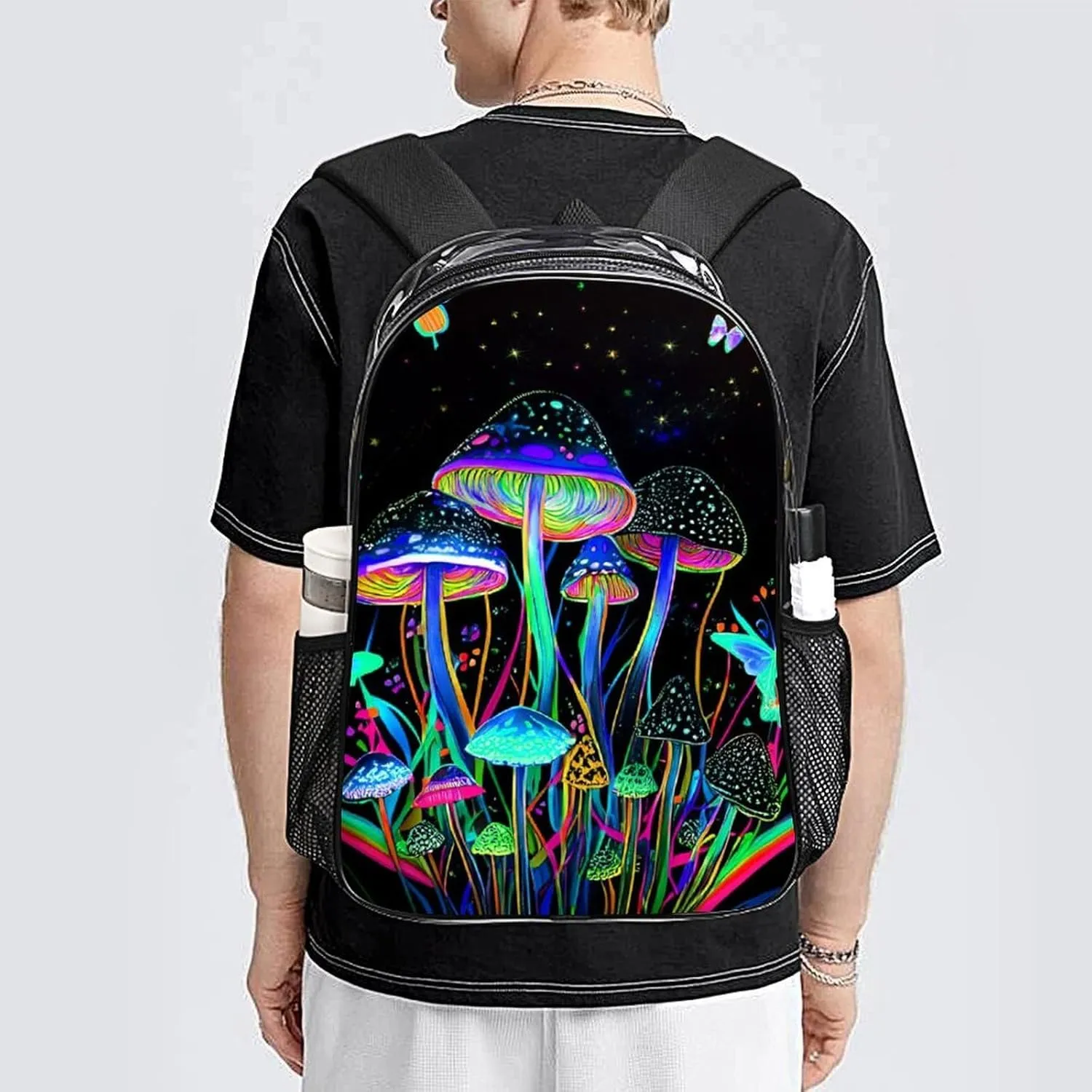 Trippy Mushroom Butterflies Glowing Psychedelic Art Backpack Lightweight Anti-Theft Multipurpose Shoulder Bag Large Capacity Travel Hiking Backpack Transparent Bag