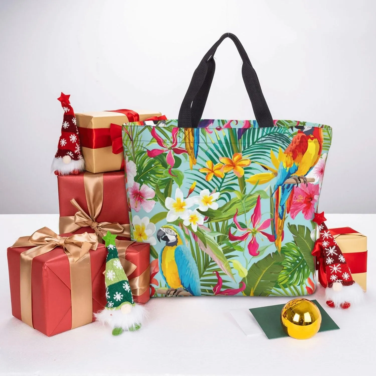 Tropical Plants And Parrots Duty Reusable Shopping One-Shoulder Bags â€“ Large Tote Bags Are Foldable