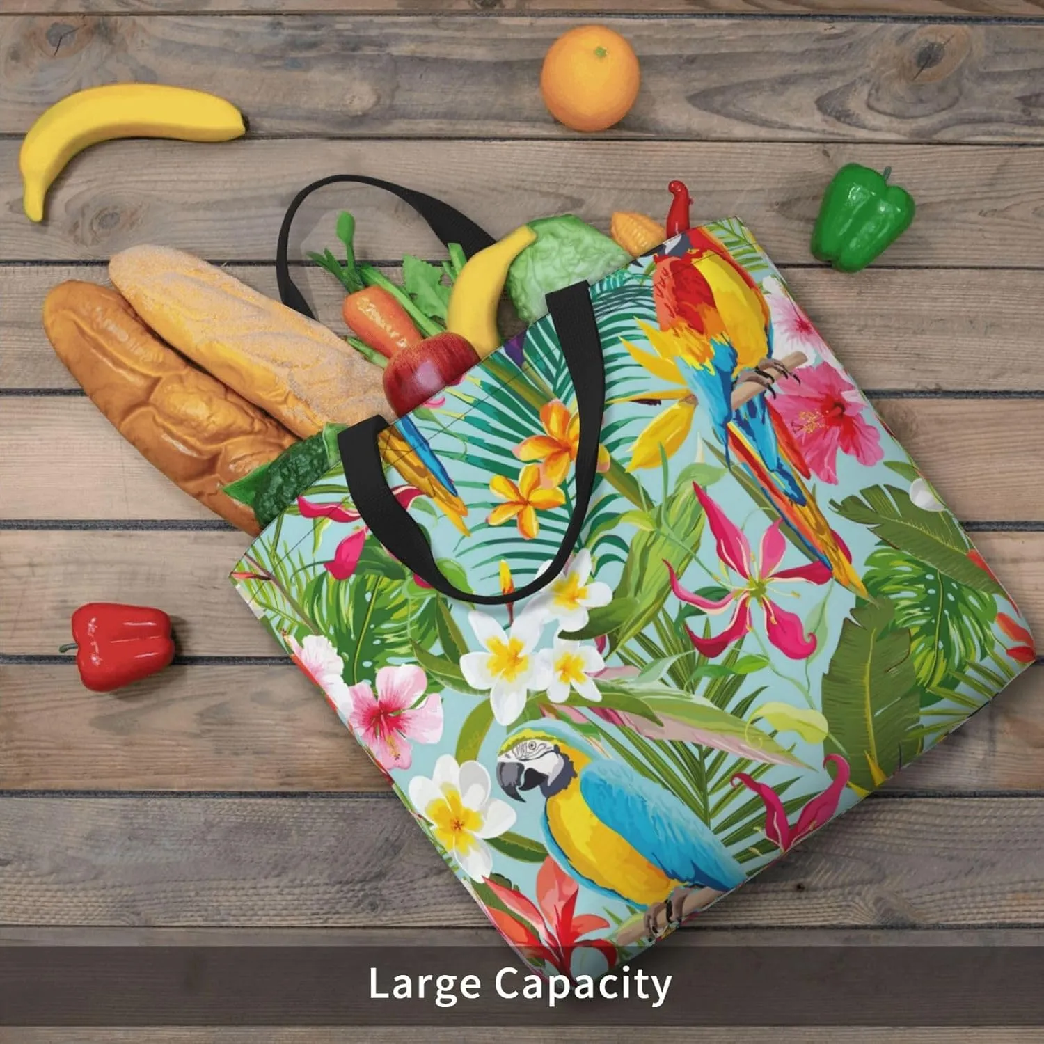 Tropical Plants And Parrots Duty Reusable Shopping One-Shoulder Bags â€“ Large Tote Bags Are Foldable