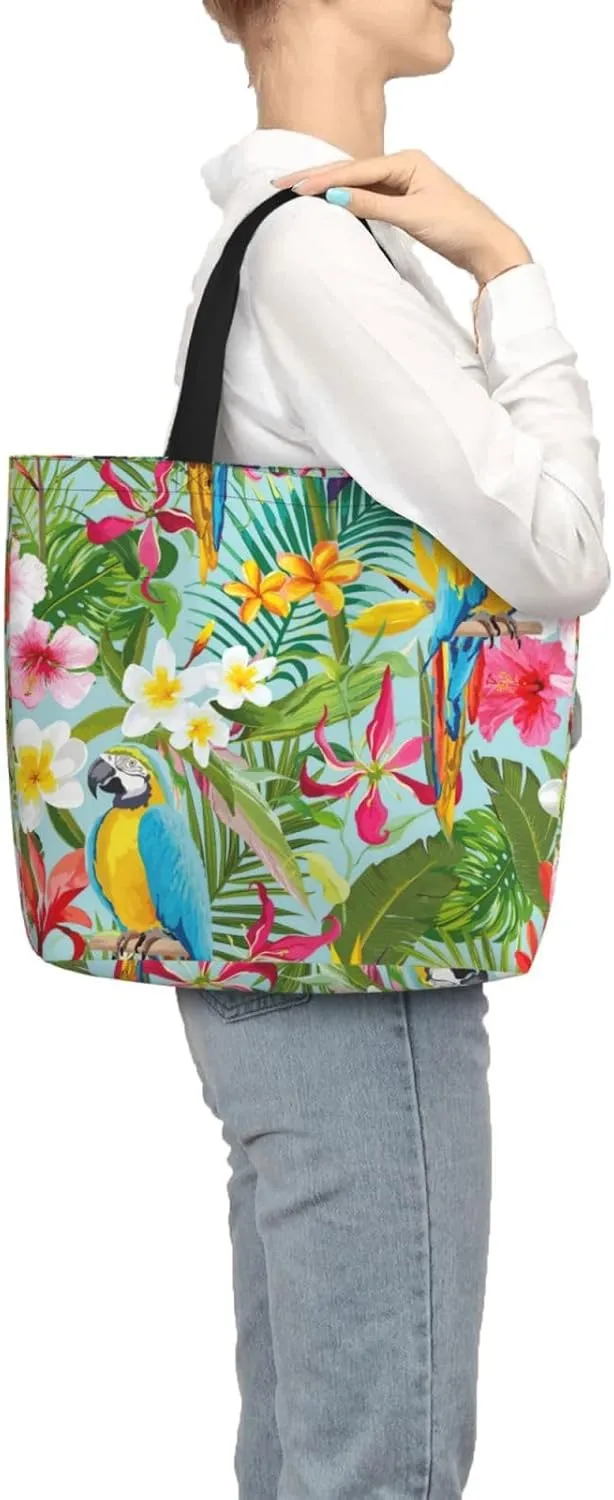 Tropical Plants And Parrots Duty Reusable Shopping One-Shoulder Bags â€“ Large Tote Bags Are Foldable