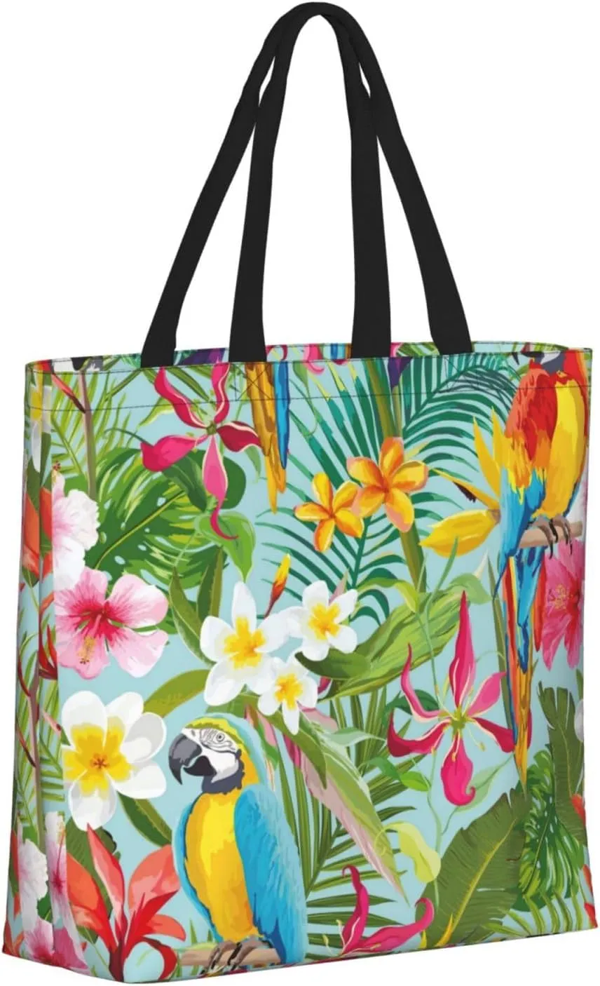 Tropical Plants And Parrots Duty Reusable Shopping One-Shoulder Bags â€“ Large Tote Bags Are Foldable